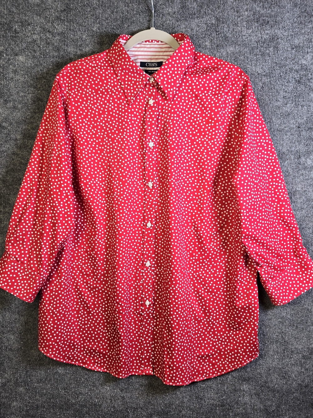 Chaps Top Womens 1X Red White Dots Cotton No Iron Button Up Colorful